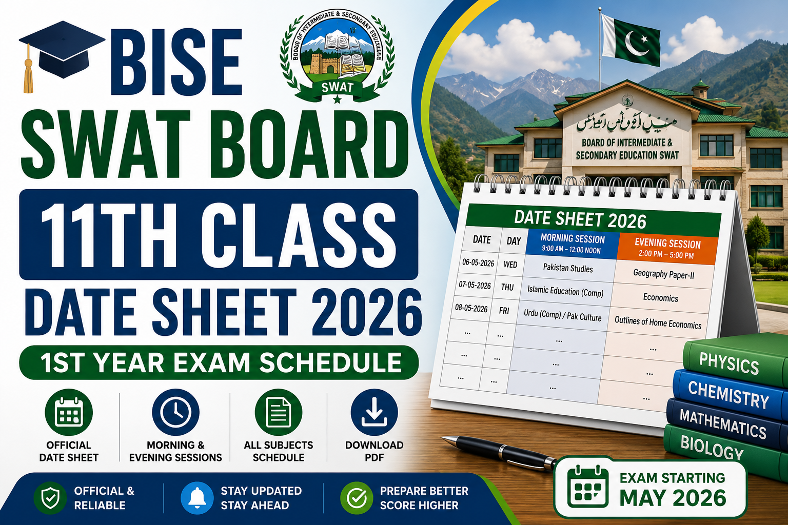 BISE Swat Board 11th Class Date Sheet 2026 – 1st Year Exam Schedule